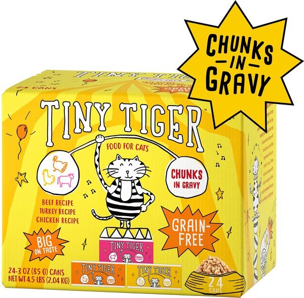 Tiny Tiger Chunks in Gravy Beef & Poultry Recipes Variety Pack Grain-Free Canned Cat Food, 3-oz, case of 24 slide 1 of 10