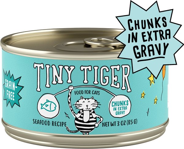 Tiny Tiger Chunks in EXTRA Gravy Seafood Recipe Grain-Free Canned Cat Food, 3-oz, case of 24 slide 1 of 10