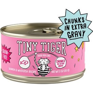Tiny Tiger Chunks in EXTRA Gravy Salmon & Whitefish Recipe Grain-Free Canned Cat Food, 3-oz, case of 24