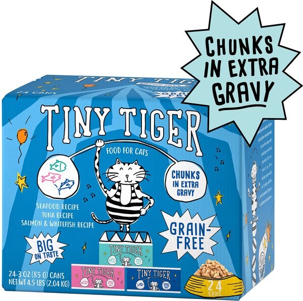 Tiny Tiger Chunks in EXTRA Gravy Seafood Recipes Variety Pack Grain-Free Canned Cat Food, 3-oz, case of 24 slide 1 of 9