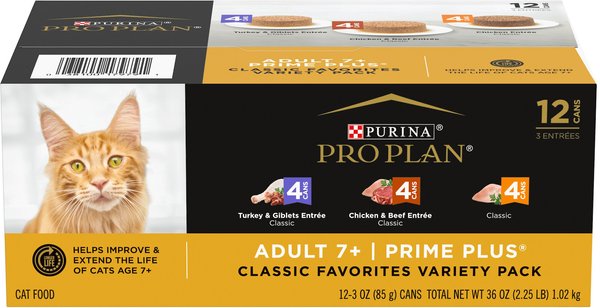 Purina Pro Plan Senior Adult 7+ Poultry & Beef Favorites Pate Variety Pack Canned Cat Food, 3-oz can, case of 12 slide 1 of 11