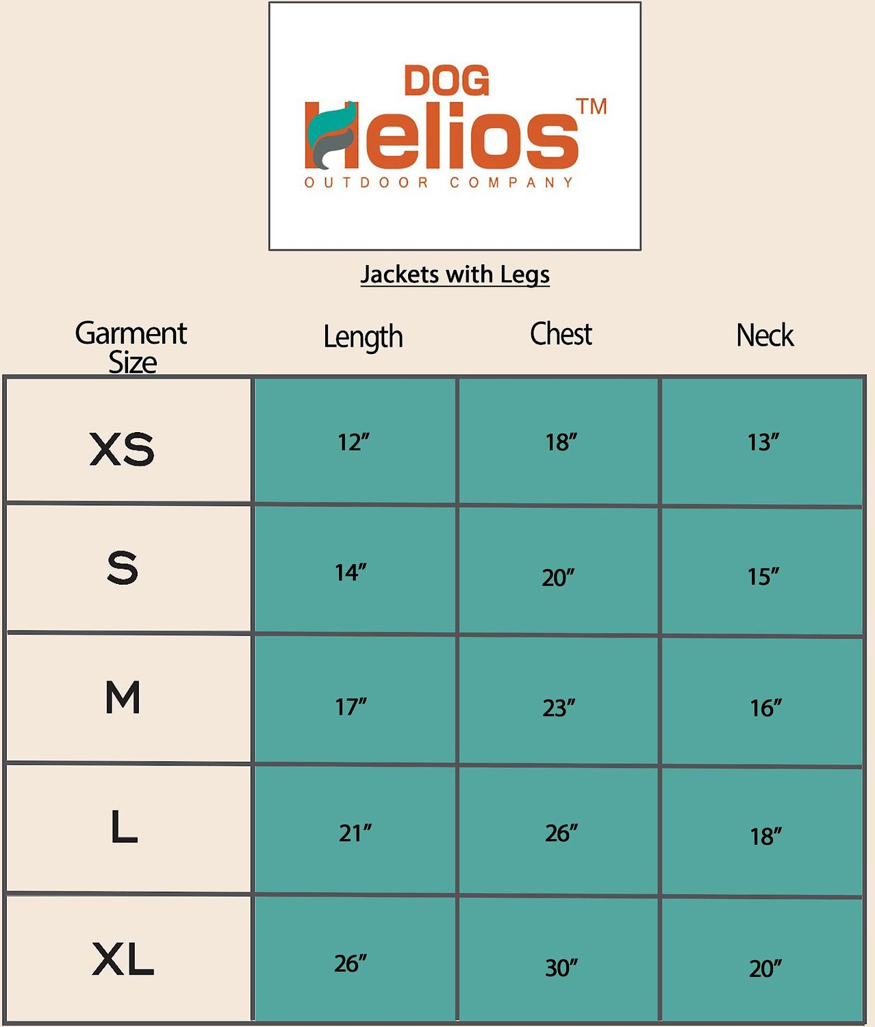 Dog Helios Size Chart