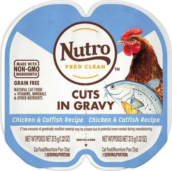 Nutro Perfect Portions Grain-Free Cuts in Gravy Chicken & Catfish Recipe Adult Cat Food Trays, 2.64-oz, case of 24 twin-packs slide 1 of 9