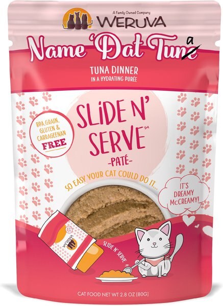 Weruva Slide N' Serve Name 'Dat Tuna Tuna Dinner Pate Grain-Free Cat Food Pouches, 2.8-oz pouch, case of 12 slide 1 of 11