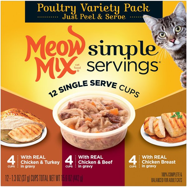 Meow Mix Simple Servings Poultry Variety Pack Cat Food Trays, 1.3-oz, case of 12 slide 1 of 8