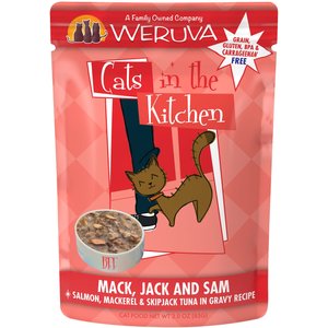 Weruva Cats in the Kitchen Mack, Jack & Sam Salmon, Mackerel & Tuna Recipe Grain-Free Cat Food Pouches, 3-oz pouch, case of 12