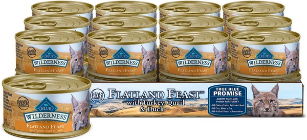 Blue Buffalo Wilderness Flatland Feast with Turkey, Quail & Duck Grain-Free Canned Cat Food, 3-oz, case of 24 slide 1 of 7