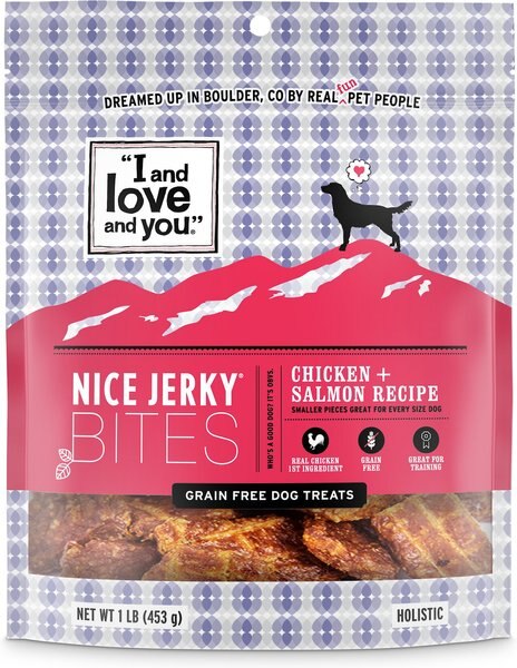I and Love and You Nice Jerky Bites Chicken and Salmon Grain-Free Dog Treats, 1-lb bag slide 1 of 9