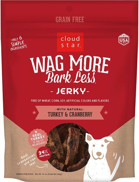Cloud Star Wag More Bark Less Turkey & Cranberry Recipe Grain-Free Jerky Dog Treats, 10-oz bag slide 1 of 5