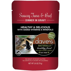 Dave's Pet Food Saucey Tuna & Beef Dinner in Gravy Grain-Free Wet Cat Food, 2.8-oz pouch, case of 24