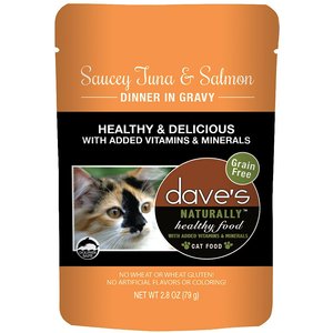 Dave's Pet Food Saucey Tuna & Salmon Dinner in Gravy Grain-Free Wet Cat Food, 2.8-oz pouch, case of 24