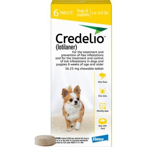 Credelio Chewable Tablet for Dogs, 4.4-6 lbs, (Yellow Box), 6 Chewable Tablets (6-mos. supply)