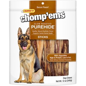 RUFFIN' IT Chomp'ems Slow Roasted Bacon Flavor Purehide Sticks Dog Treats, 12-oz bag