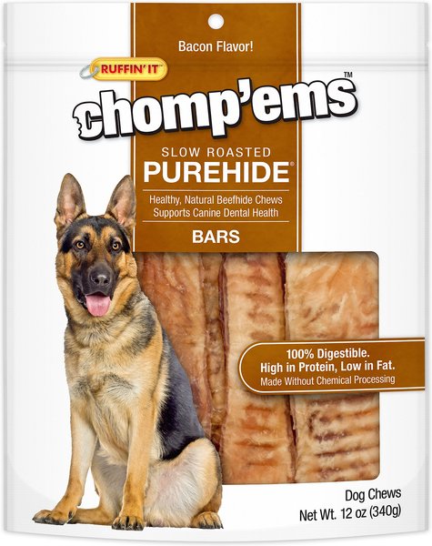 RUFFIN' IT Chomp'ems Slow Roasted Bacon Flavor Purehide Bars Dog Treats, 12-oz bag slide 1 of 3