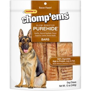 RUFFIN' IT Chomp'ems Slow Roasted Bacon Flavor Purehide Bars Dog Treats, 12-oz bag