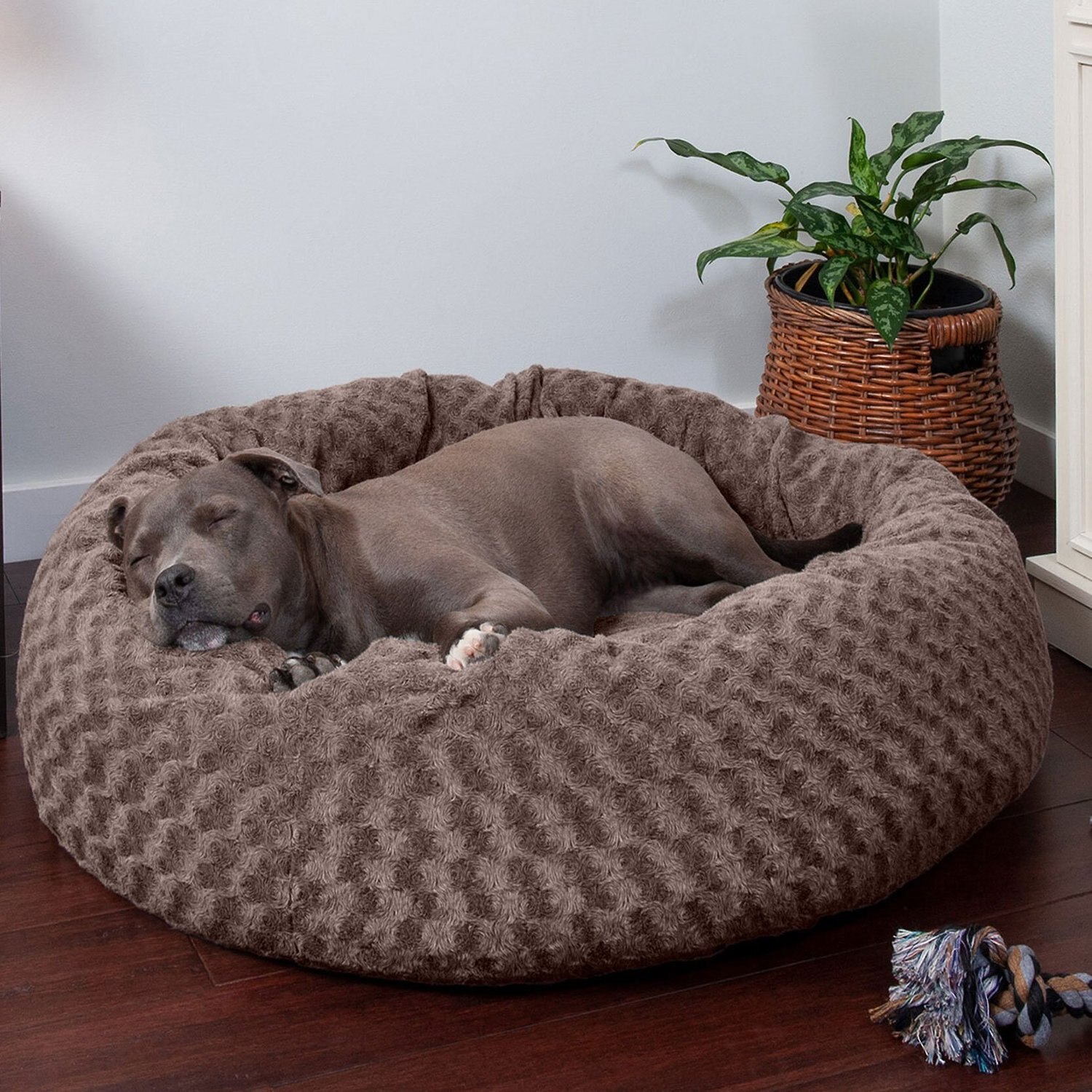 FurHaven Curly Fur Plush Donut Dog Bed, Cocoa Dust, Large