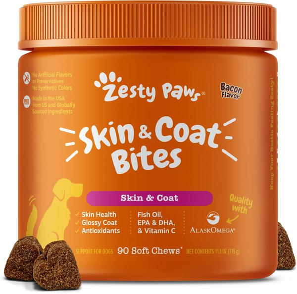 Zesty Paws Omega Bites Bacon Flavored Soft Chews Skin & Coat Supplement for Dogs, 90 count slide 1 of 9