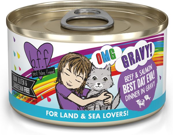 BFF OMG Best Day Eva! Beef & Salmon Dinner in Gravy Grain-Free Canned Cat Food, 2.8-oz, case of 12 slide 1 of 10