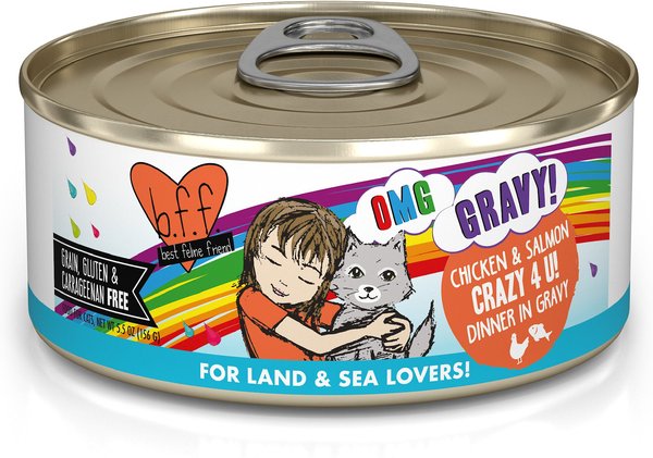 BFF OMG Crazy 4 U! Chicken & Salmon Dinner in Gravy Grain-Free Canned Cat Food, 5.5-oz, case of 8 slide 1 of 10