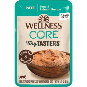 Wellness CORE Tiny Tasters Tuna & Salmon Pate Grain-Free Cat Food Pouches, 1.75-oz, pack of 12