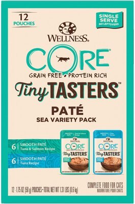 Wellness CORE Tiny Tasters Tuna & Salmon, Tuna Pate Sea Variety Pack Grain-Free Cat Food Pouches, slide 1 of 1
