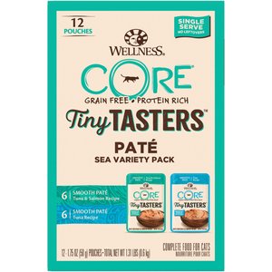 Wellness CORE Tiny Tasters Tuna & Salmon, Tuna Pate Sea Variety Pack Grain-Free Cat Food Pouches, 1.75-oz, pack of 12