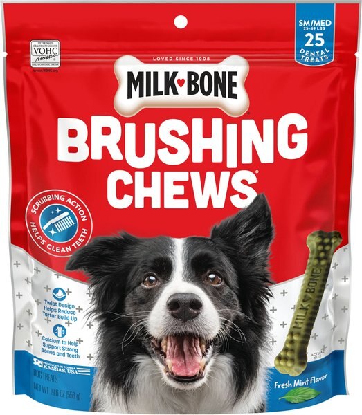 Milk-Bone Fresh Breath Brushing Chews Daily Dental Dog Treats, Small/Medium, 25 count slide 1 of 3