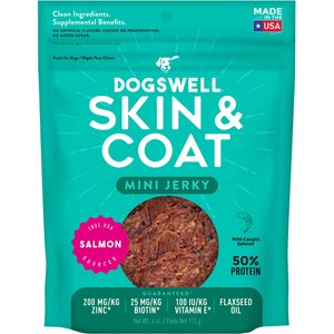 Dogswell Jerky Minis Skin & Coat Salmon Recipe Grain-Free Dog Treats, 4-oz bag