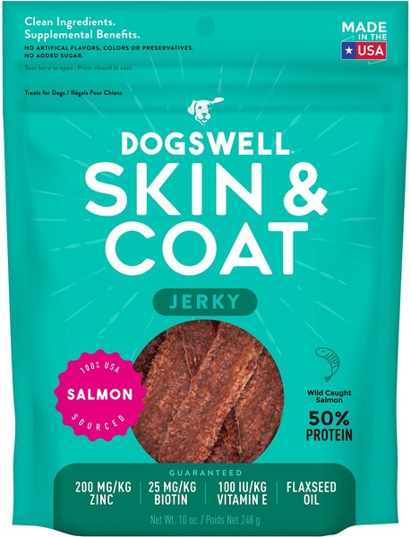 Dogswell Jerky Skin & Coat Salmon Recipe Grain-Free Dog Treats, 10-oz bag slide 1 of 8