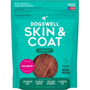 Dogswell Jerky Skin & Coat Salmon Recipe Grain-Free Dog Treats, 10-oz bag
