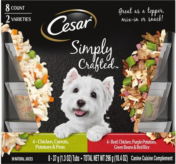 Cesar Simply Crafted Variety Pack Chicken, Carrots, Potatoes & Peas, & Beef, Chicken, Purple Potatoes, Green Beans & Red Rice Wet Dog Food Topper, 1.3-oz, pack of 8 slide 1 of 9