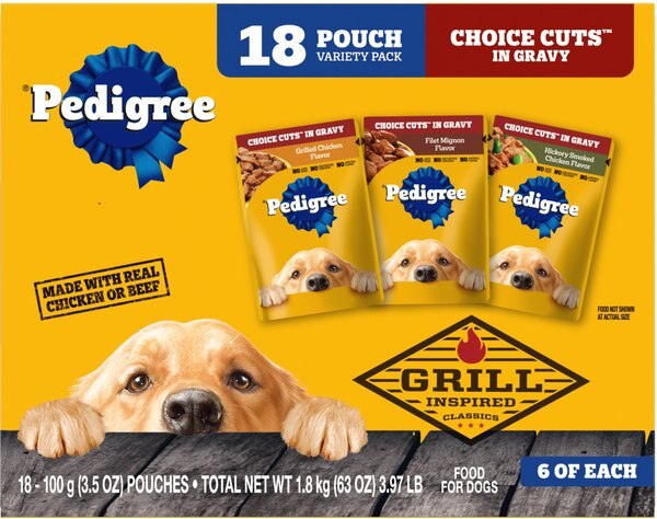 Pedigree Choice Cuts in Gravy Variety Pack, Hickory Smoked Chicken Flavor, Grilled Chicken Flavor in Sauce & Filet Mignon Flavor in Gravy Wet Dog Food Pouches, 3.5-oz, pack of 18 slide 1 of 8