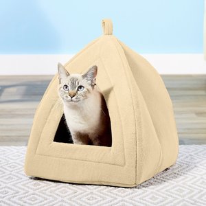 Petmaker Cozy Kitty Tent Igloo Plush Cat Bed, Tan