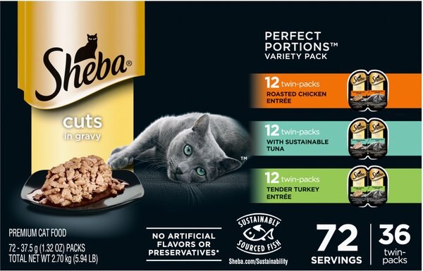 Sheba Perfect Portions Grain-Free Multipack Roasted Chicken, Tuna & Turkey Entree Cat Food Trays, 2.6-oz, case of 36 twin-packs slide 1 of 7