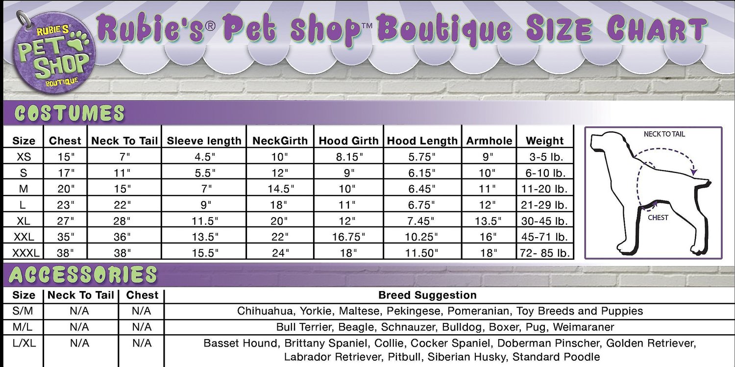Rubies Pet Costumes Size Chart