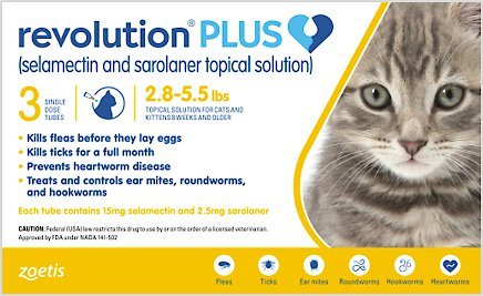 Revolution Plus Topical Solution for Cats, 2.8-5.5 lbs, (Gold Box), 3 Doses (3-mos. supply) slide 1 of 3