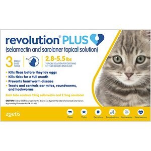 Revolution Plus Topical Solution for Cats, 2.8-5.5 lbs, (Gold Box), 3 Doses (3-mos. supply)