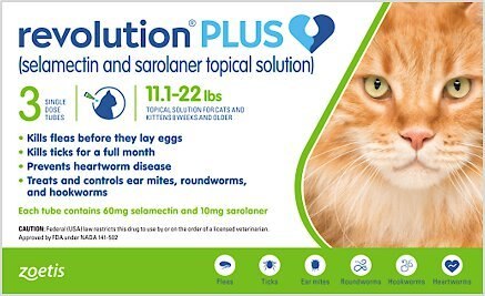 Revolution Plus Topical Solution for Cats, 11.1-22 lbs, (Green Box), 3 Doses (3-mos. supply) slide 1 of 3