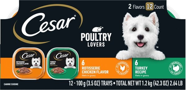 Cesar Poultry Lovers Turkey & Chicken Filets in Gravy Multipack Wet Dog Food Trays, 3.5-oz, case of 12 slide 1 of 9