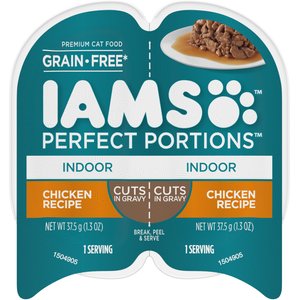 Iams Perfect Portions Indoor Chicken Recipe Grain-Free Cuts in Gravy Wet Cat Food Trays, 2.6-oz, case of 24 twin-packs