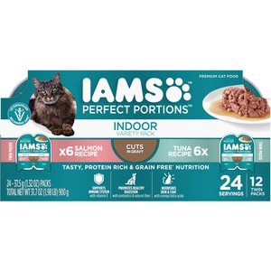 Iams Perfect Portions Indoor Tuna & Salmon Recipe Grain-Free Cuts in Gravy Multipack Wet Cat Food Trays, 2.6-oz, case of 12 twin-packs