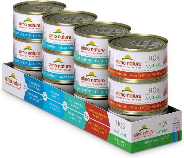 Almo Nature HQS Natural Atlantic Tuna, Mackerel, Chicken & Shrimp, Trout & Tuna Variety Pack Canned Cat Food, 2.47-oz, case of 12 slide 1 of 10