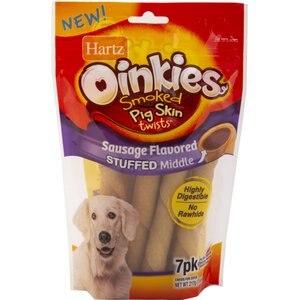 Hartz Oinkies Smoked Pig Skin Twists Sausage Flavored Stuffed Dog Treats, 7 count