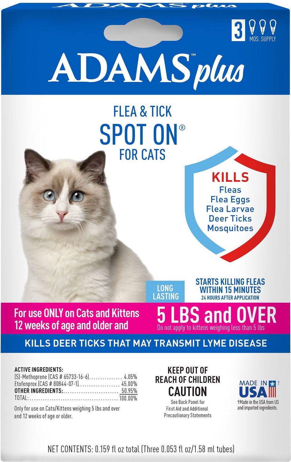 ADAMS Flea & Tick Spot Treatment for Cats, over 5 lbs, 3 Doses (3mos
