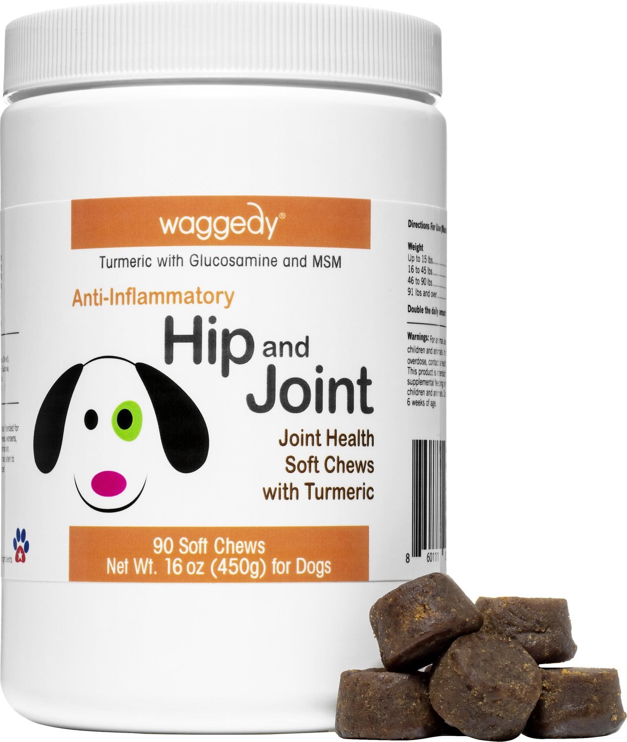 WAGGEDY Anti-Inflammatory Hip & Joint Turmeric, Glucosamine & MSM Dog ...