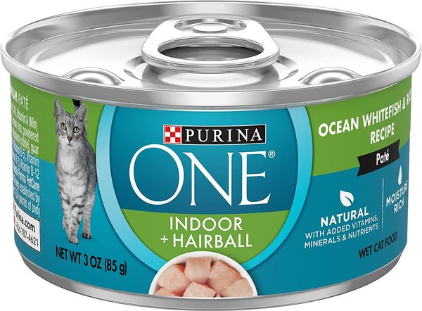 Purina ONE Indoor Advantage High Protein Ocean Whitefish & Rice Wet Cat Food, 3-oz, case of 24 slide 1 of 11