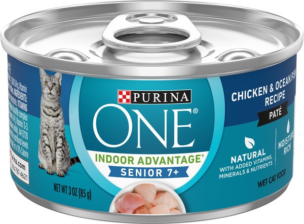Purina ONE Indoor Advantage 7+ Chicken & Ocean Fish Recipe Pate Wet Cat Food, 3-oz, case of 24 slide 1 of 12
