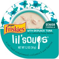 Friskies Lil' Soups Skipjack Tuna in a Velvety Tuna Broth Senior Formula Lickable Cat Treats, 1.2-oz tub, case of 8