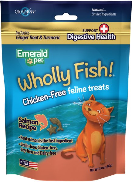 Emerald Pet Wholly Fish! Digestive Health Salmon Recipe Cat Treats, 3-oz bag slide 1 of 3