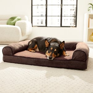FurHaven Faux Fleece Cooling Gel Bolster Dog Bed w/Removable Cover, Coffee, Large